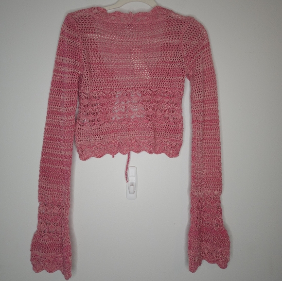 BDG Open Stitch tie Front Cardigan Pink Cropped Knit Top NWT - Picture 9 of 9